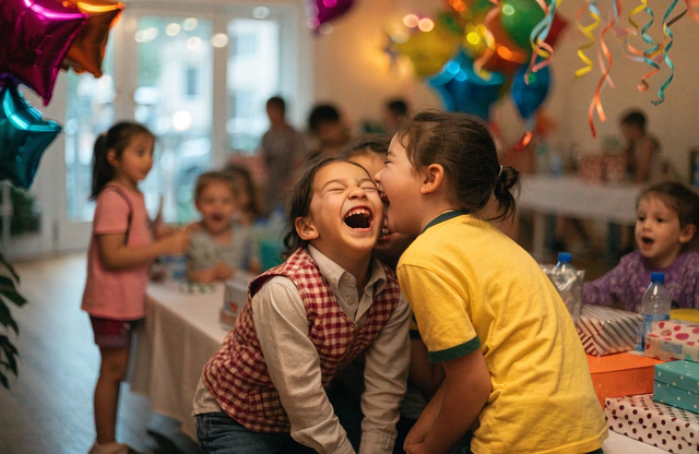 Niños riendo en una fiesta de cumpleaños con globos